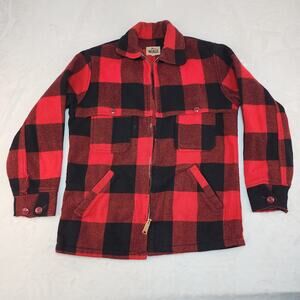 Vintage Woolrich Mackinaw Jacket 38 Small Medium Red Black Plaid Flannel Wool